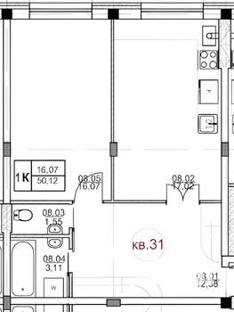1-к квартира, вторичка, 51м2, 1/3 этаж