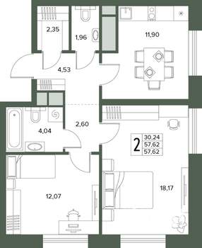 2-к квартира, вторичка, 58м2, 8/18 этаж