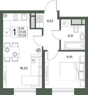 2-к квартира, вторичка, 37м2, 8/18 этаж